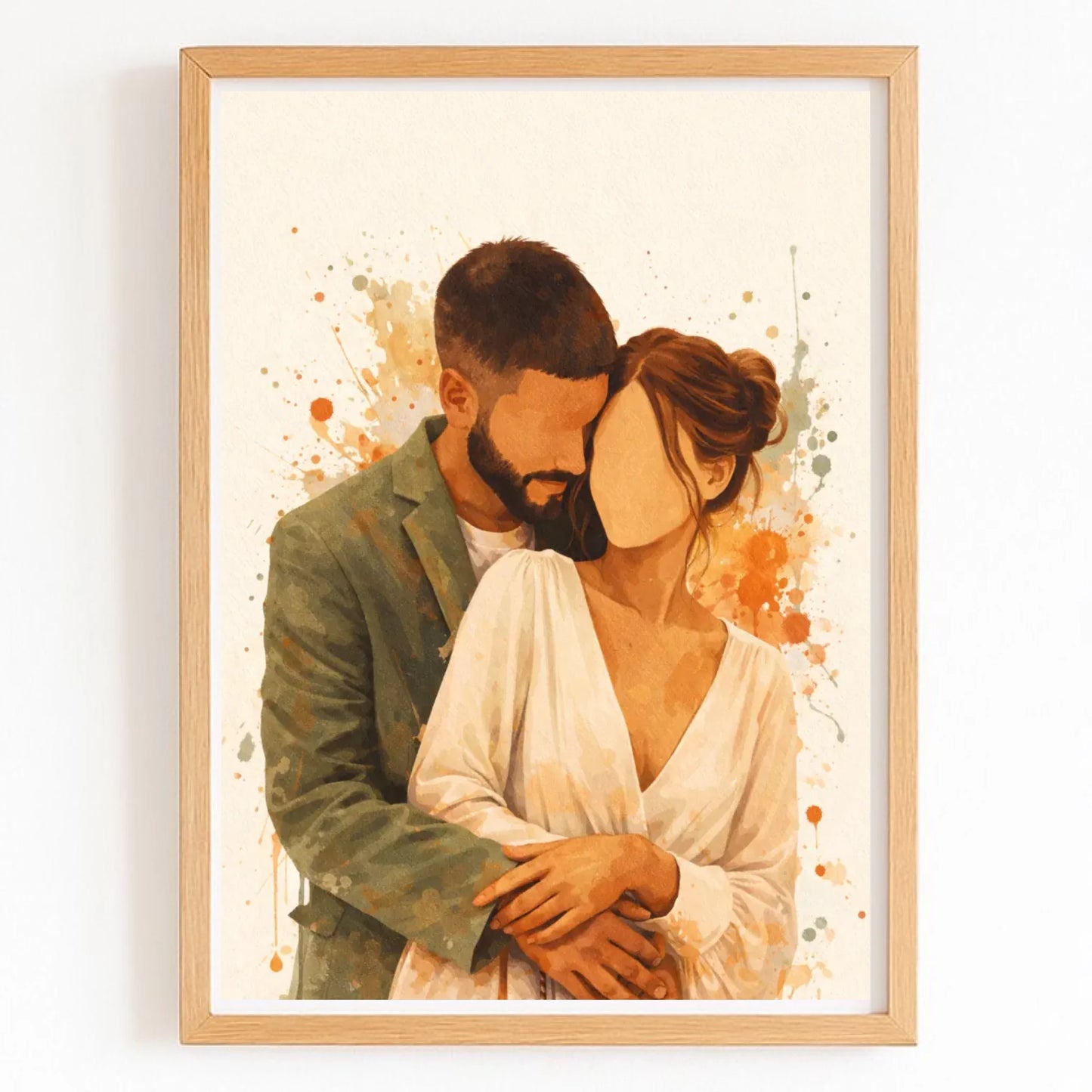 Affiche aquarelle couple personnalisée avec finition bois naturel