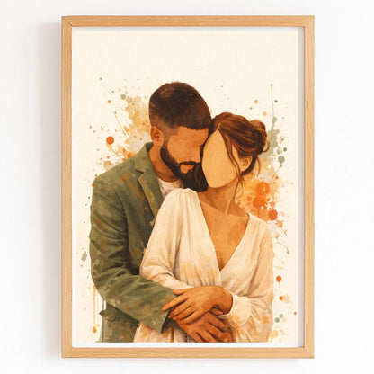 Affiche aquarelle couple personnalisée avec finition bois naturel
