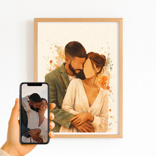 Affiche aquarelle couple personnalisée avec finition bois naturel