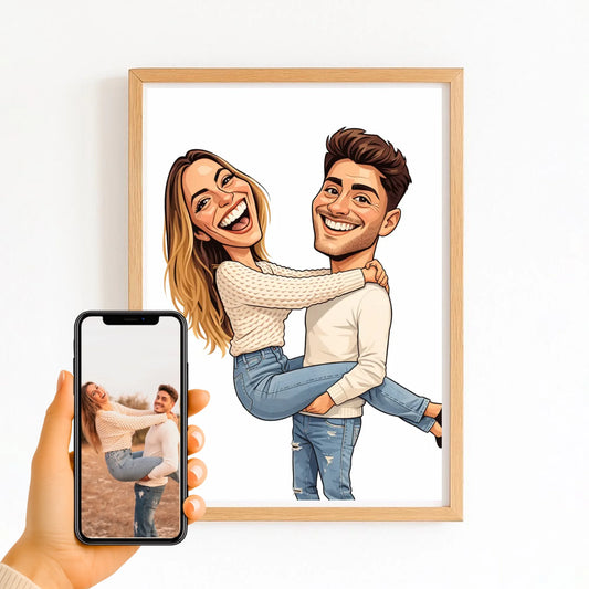 Affiche personnalisée couple caricature avec finition bois naturel