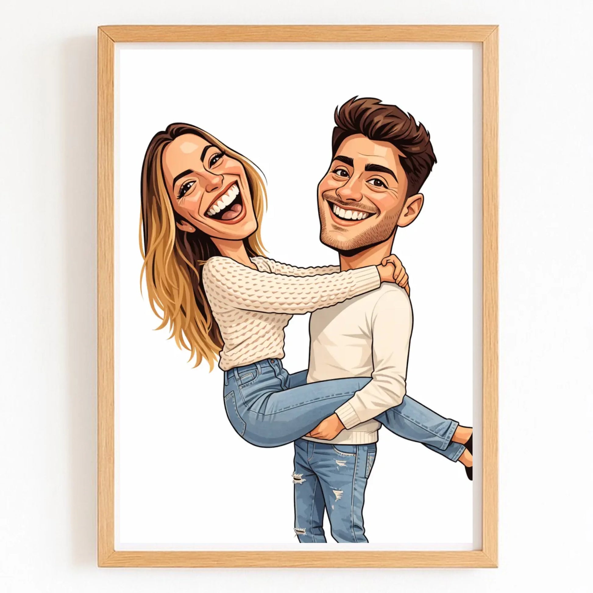 Affiche personnalisée couple caricature avec finition bois naturel