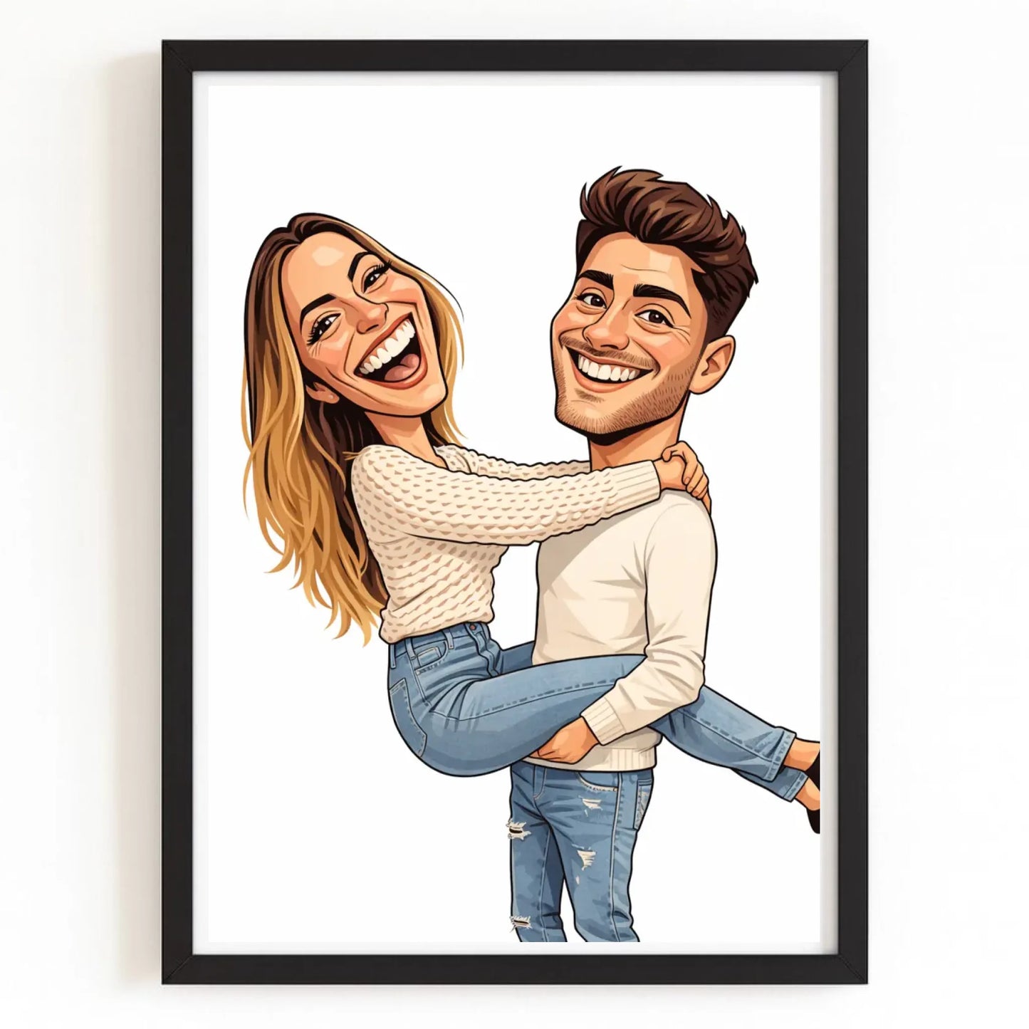 Affiche personnalisée couple caricature avec finition noire