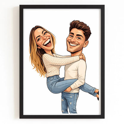 Affiche personnalisée couple caricature avec finition noire