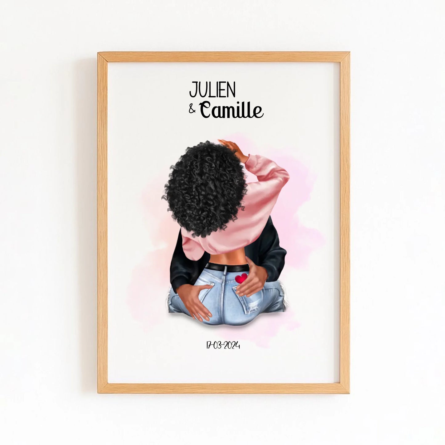 Affiche couple amoureux avec finition bois naturel