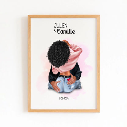 Affiche couple amoureux avec finition bois naturel