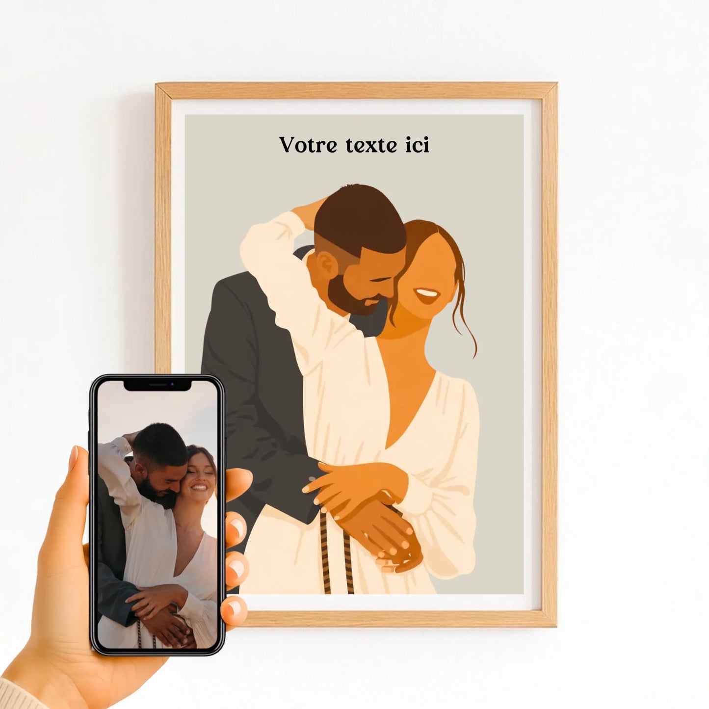 Affiche couple dessin avec finition bois naturel