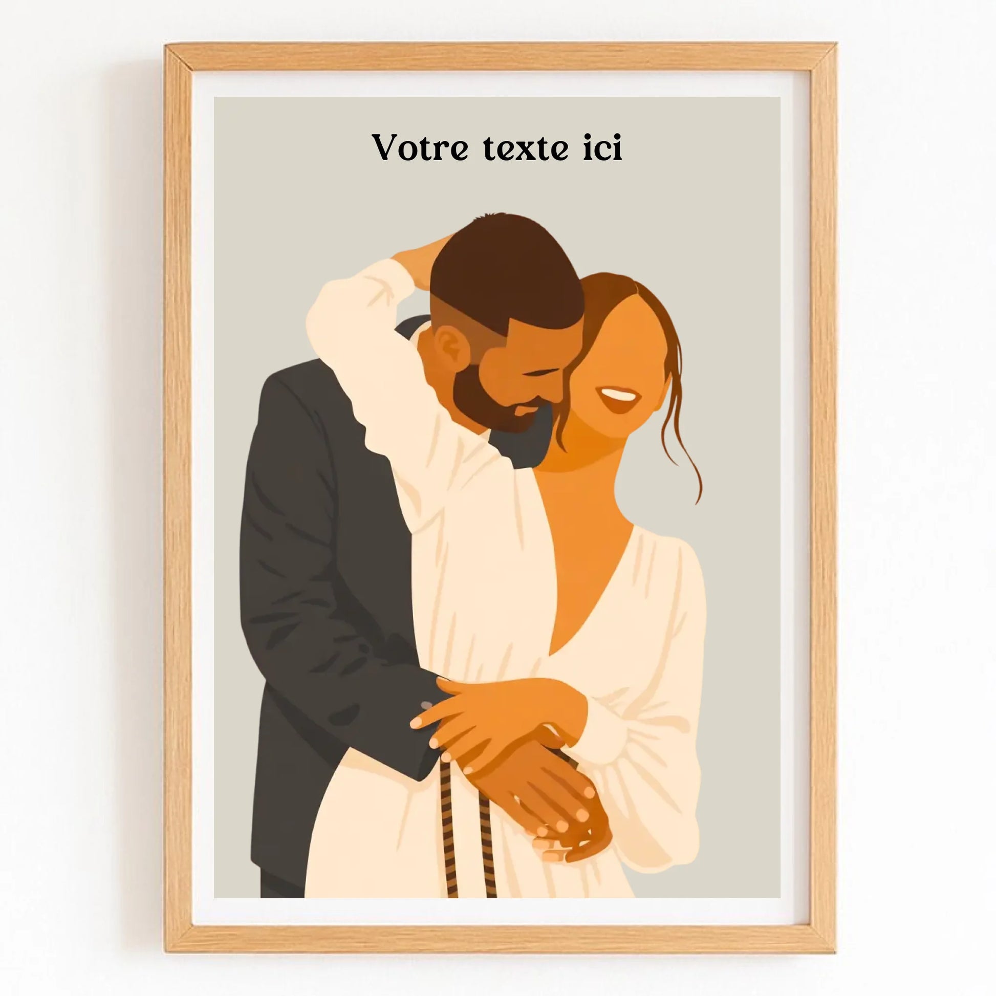 Affiche couple dessin avec finition bois naturel