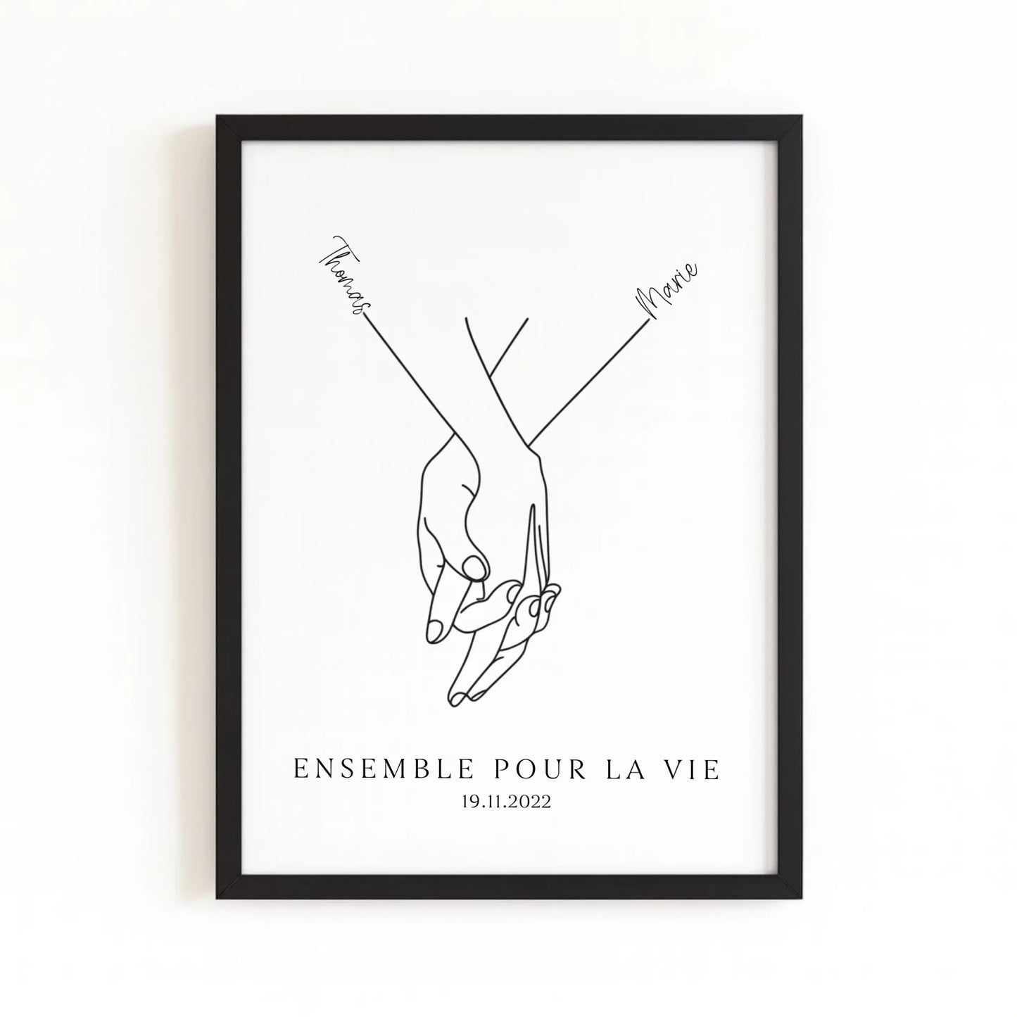 Affiche minimaliste mains couple avec finition noire