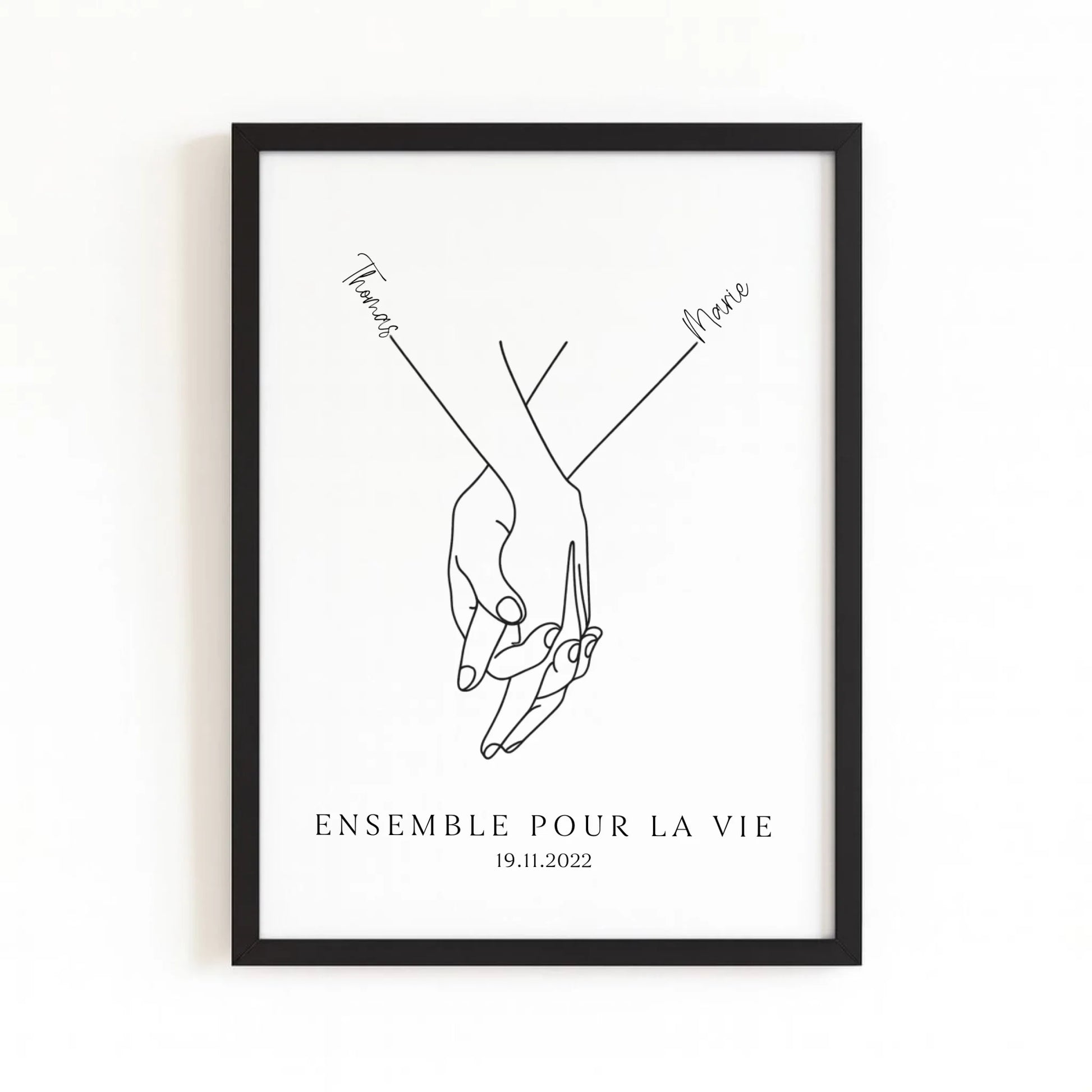 Affiche minimaliste mains couple avec finition noire