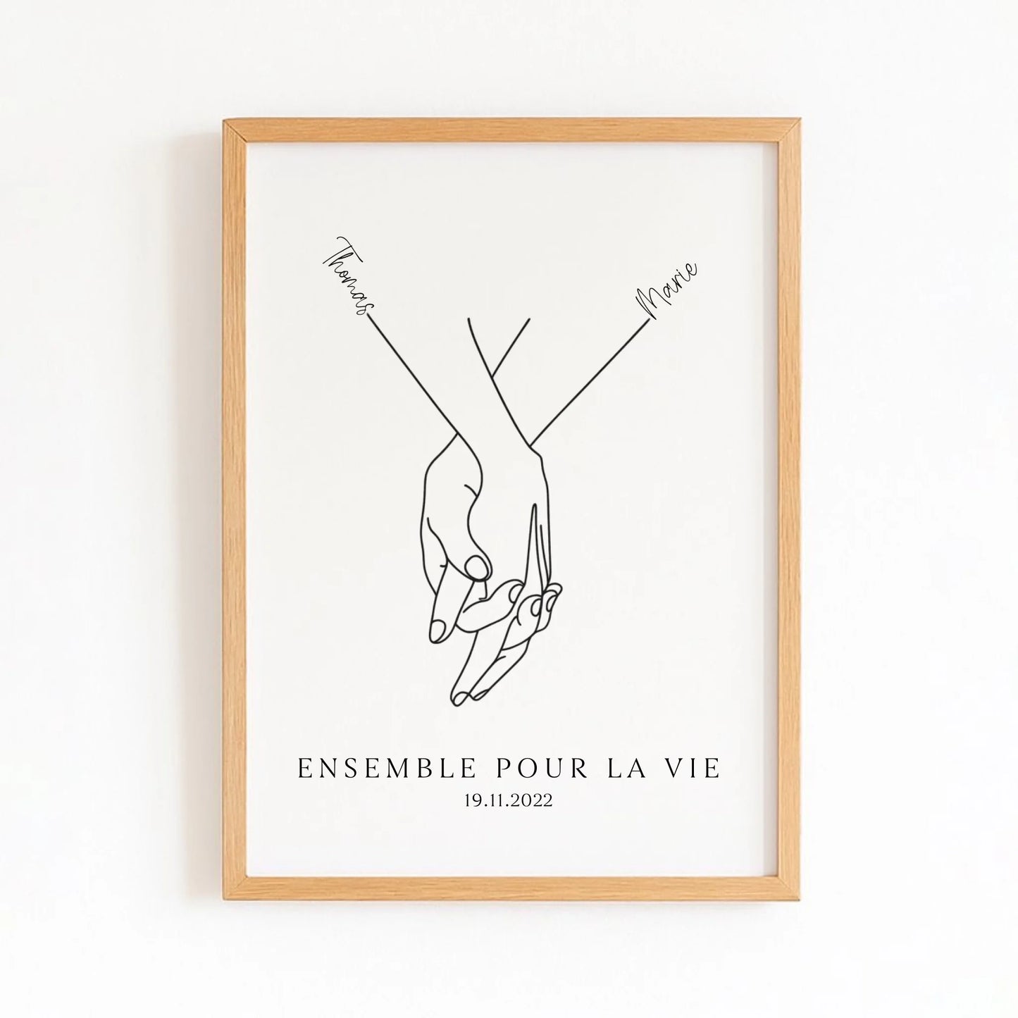 Affiche minimaliste mains couple avec finition bois naturel