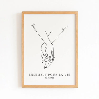 Affiche minimaliste mains couple avec finition bois naturel