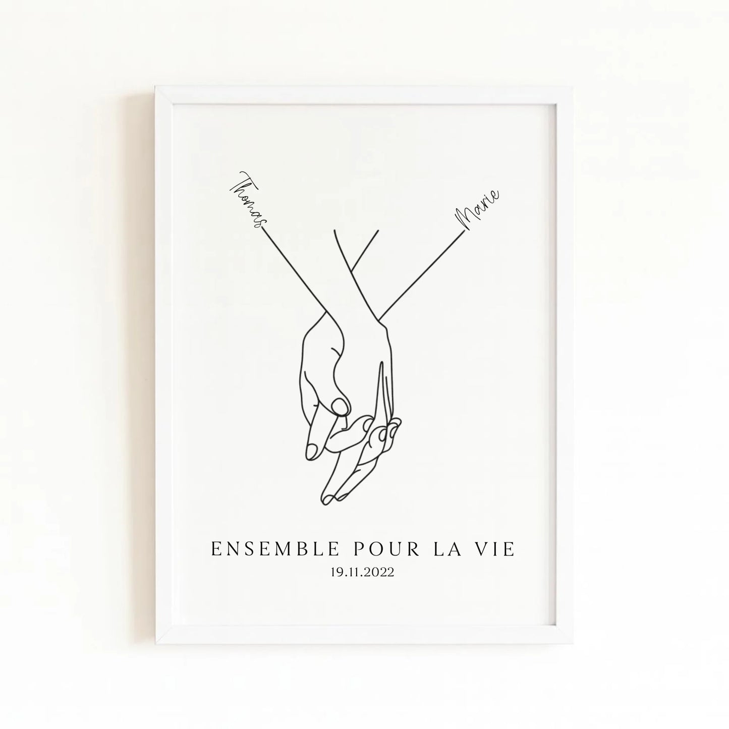 Affiche minimaliste mains couple avec finition blanche