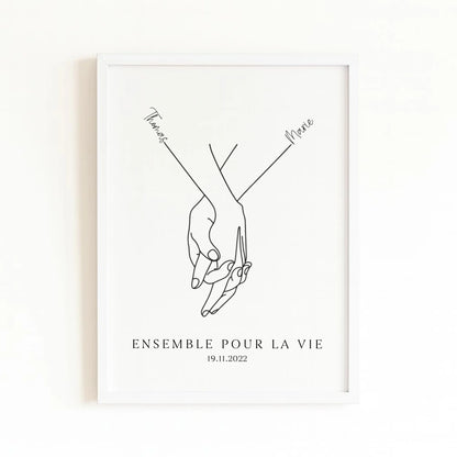 Affiche minimaliste mains couple avec finition blanche