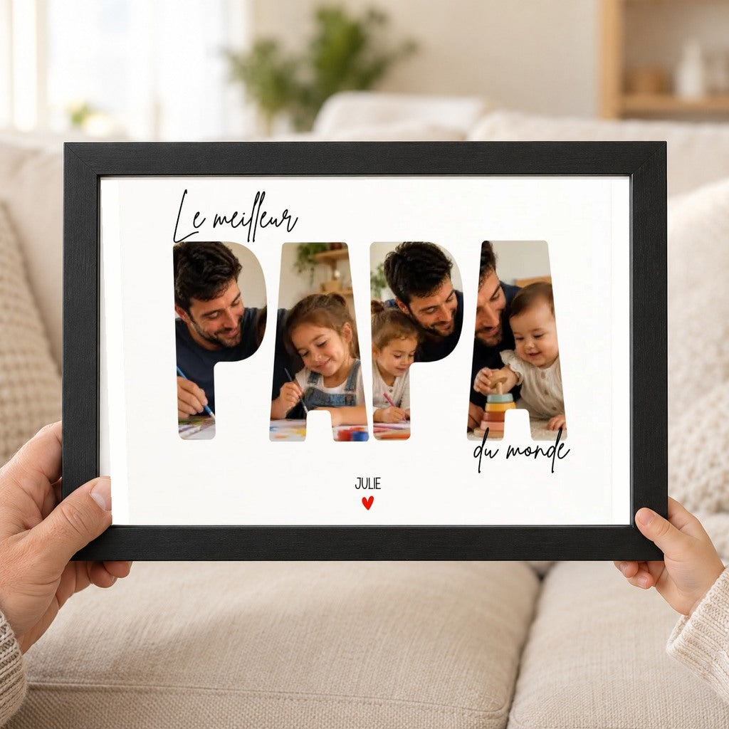 Papa et enfant tenant l’affiche personnalisée Le meilleur Papa du monde