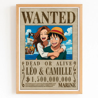 Affiche wanted one piece personnalisée avec finition bois naturel