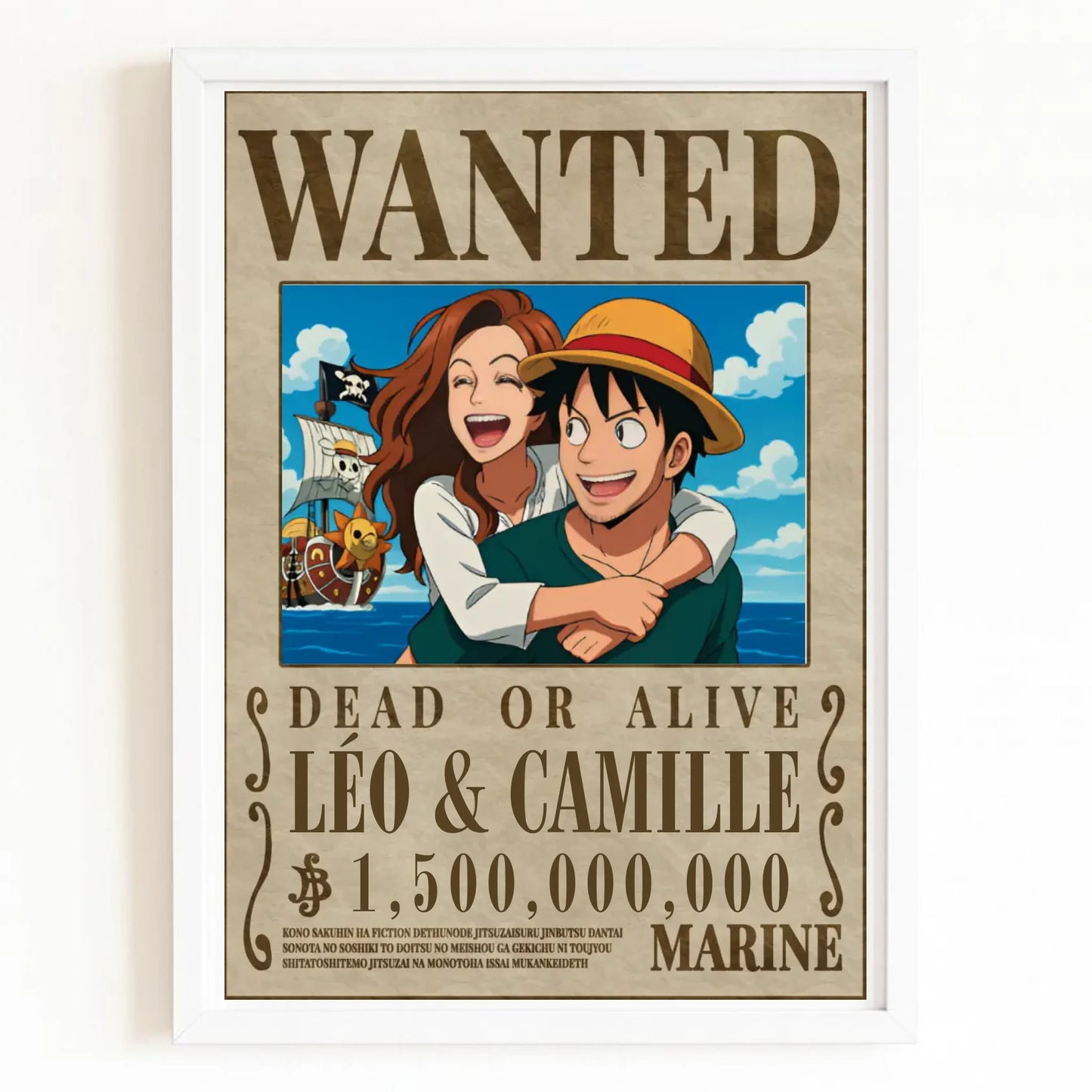 Affiche wanted one piece personnalisée avec finition blanche