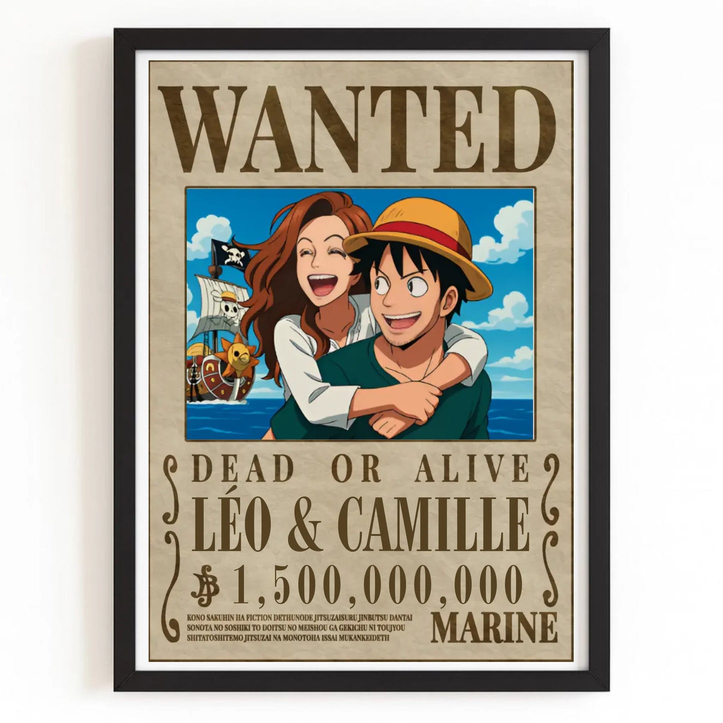 Affiche wanted one piece personnalisée avec finition noire