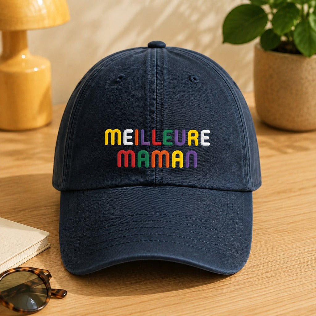 Casquette personnalisée Meilleure maman marine posée en intérieur