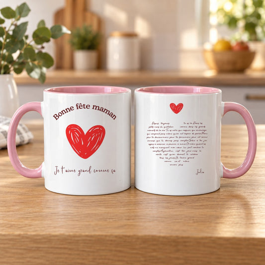 Mug personnalisé Bonne fête Maman montrant clairement le recto et le verso