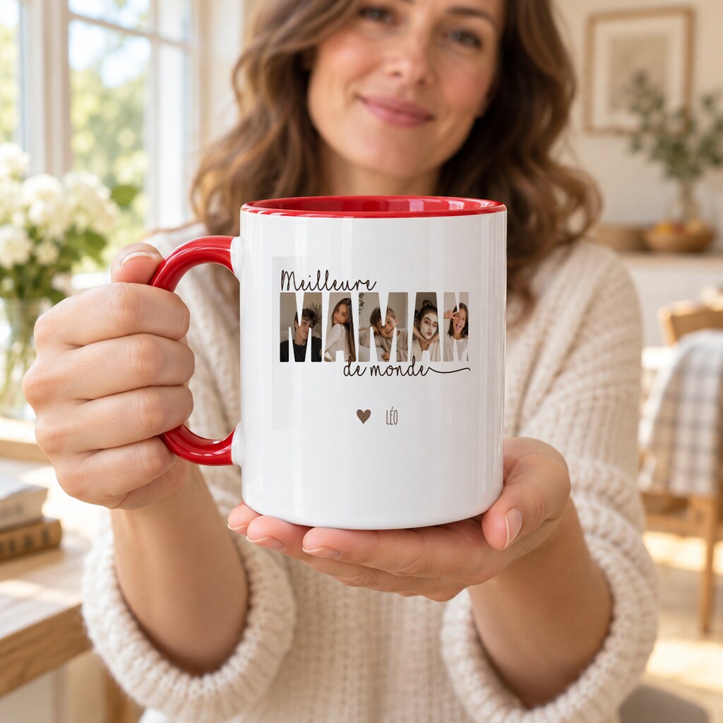 Mug personnalisé maman - Meilleure Maman du monde, mise en situation chaleureuse, mug au premier plan