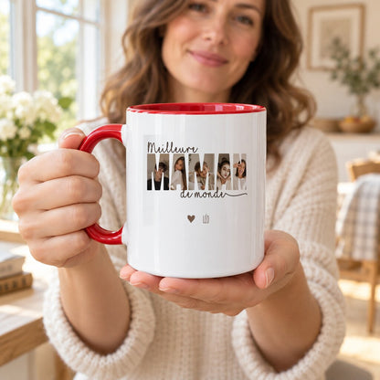 Mug personnalisé maman - Meilleure Maman du monde, mise en situation chaleureuse, mug au premier plan