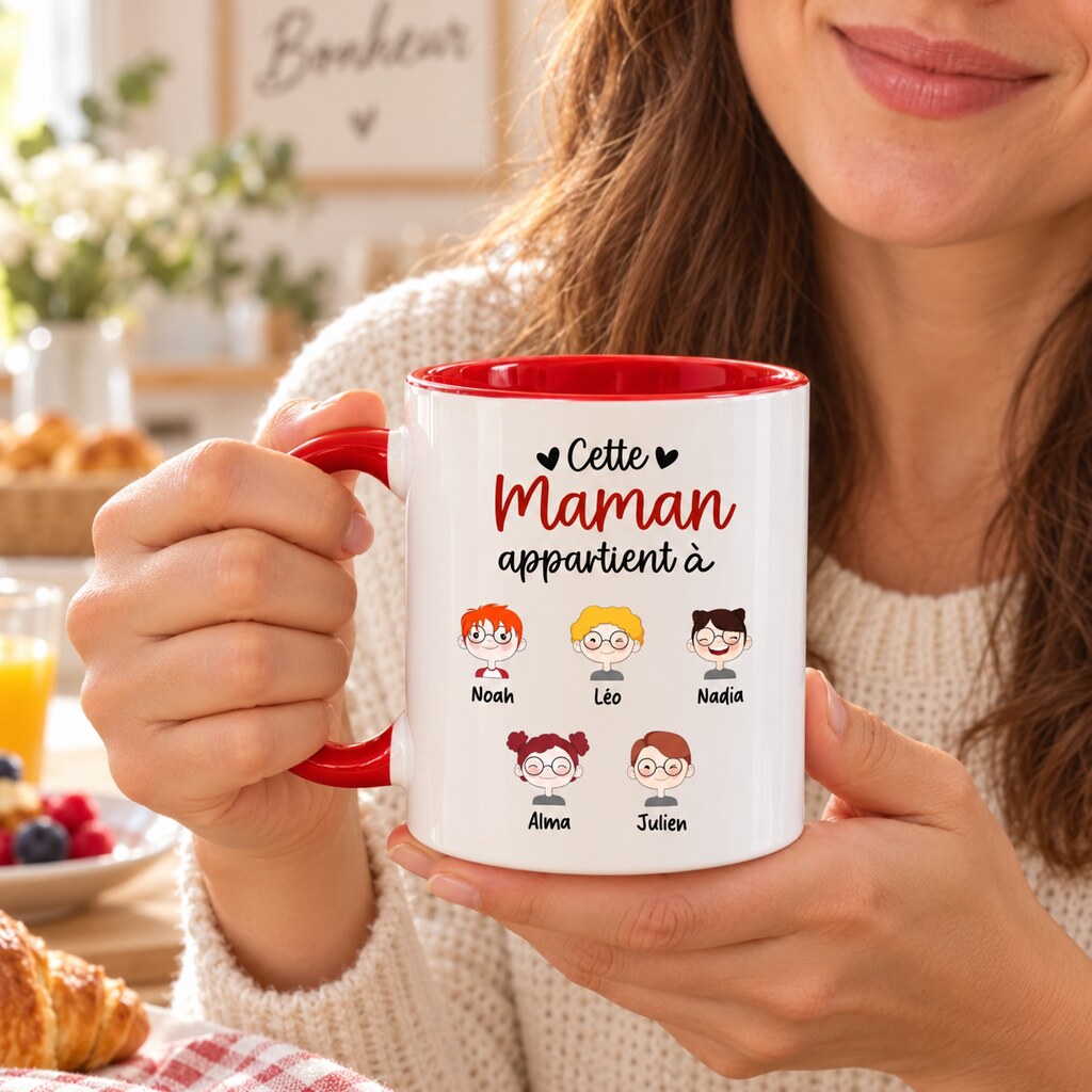 Mug personnalisé maman - Cette maman appartient à, mise en situation chaleureuse, mug au premier plan
