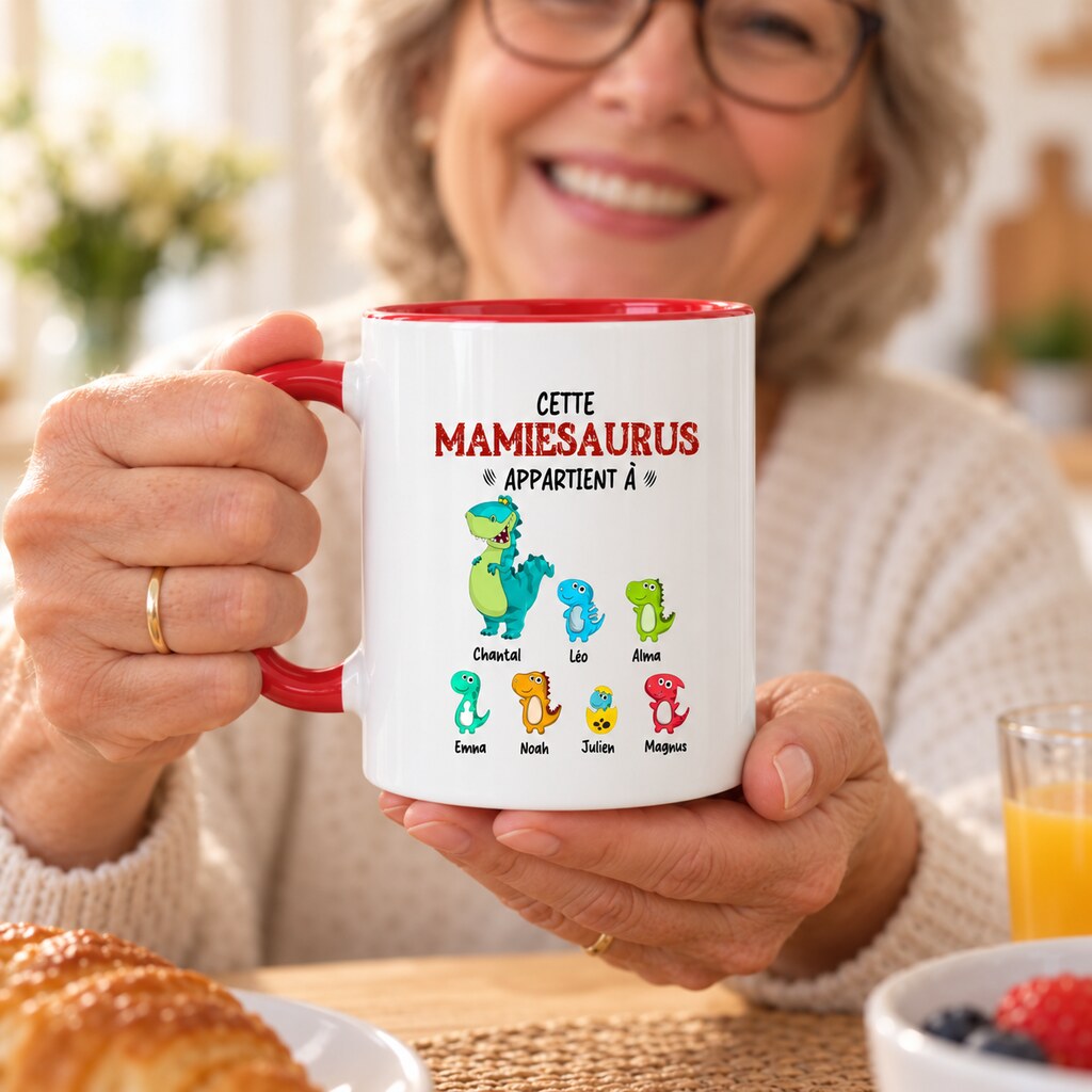 Mug personnalisé maman - Mamiesaurus, mise en situation chaleureuse, mug au premier plan