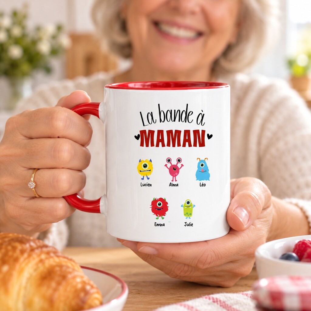 Mug personnalisé maman - La bande à Mamie, mise en situation chaleureuse, mug au premier plan