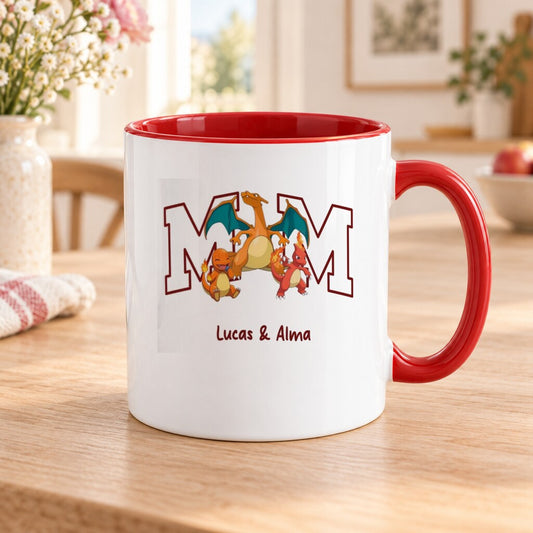 Mug personnalisé maman - MOM et prénoms, vue produit rapprochée, impression réaliste sur la céramique