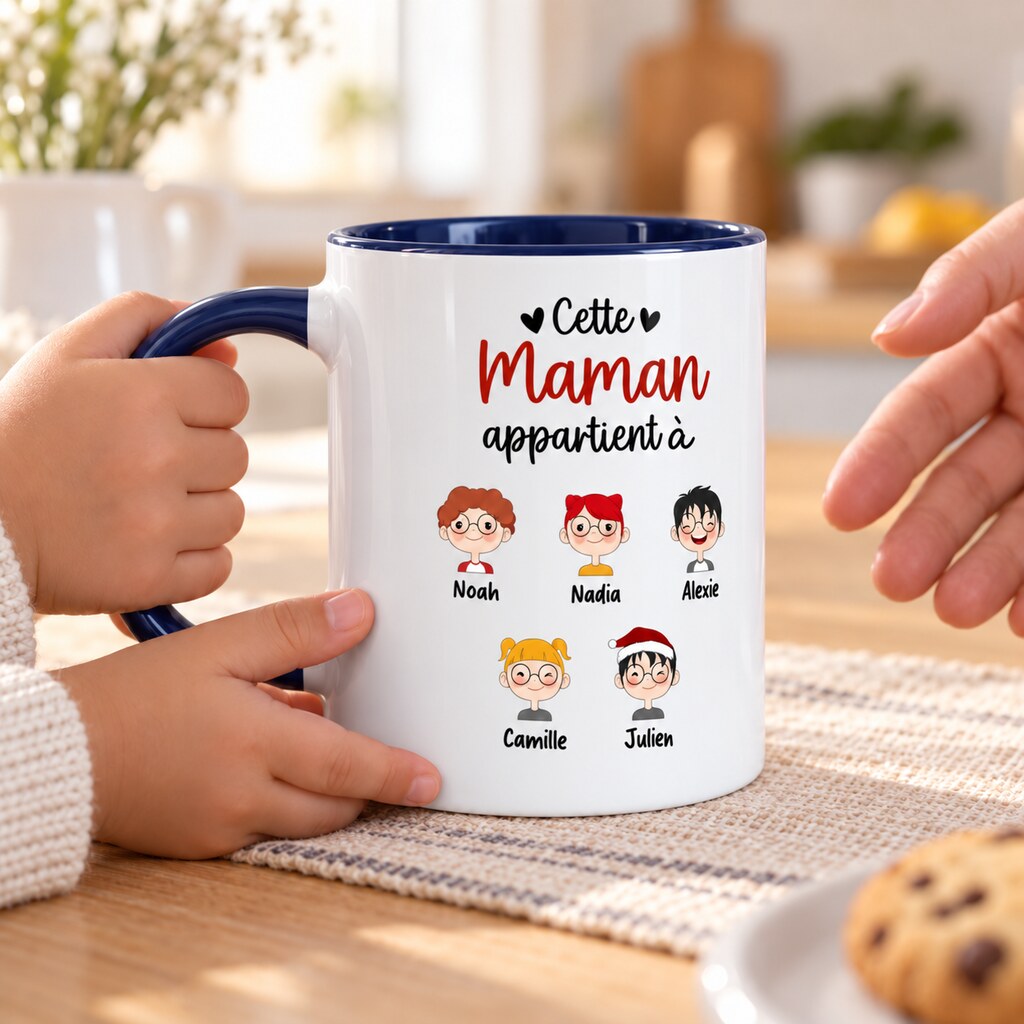 Enfant offrant le mug personnalisé Cette maman appartient à