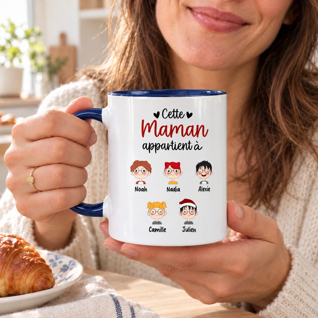 Maman tenant son mug personnalisé Cette maman appartient à
