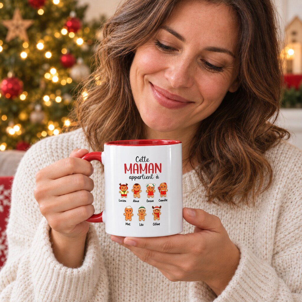 Maman tenant son mug personnalisé Sa tribu de Noël