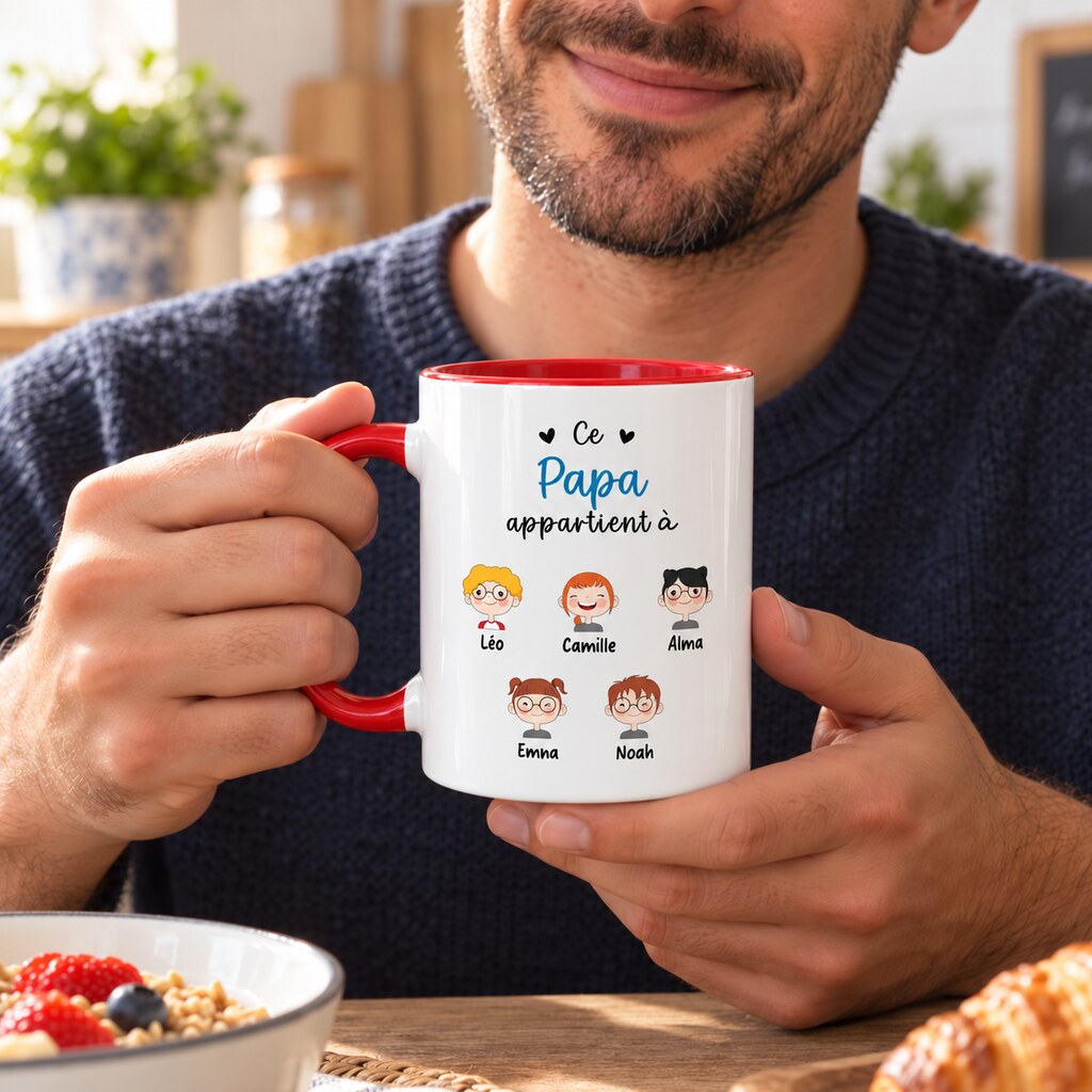Papa tenant son mug personnalisé Ce Papa appartient à au petit-déjeuner