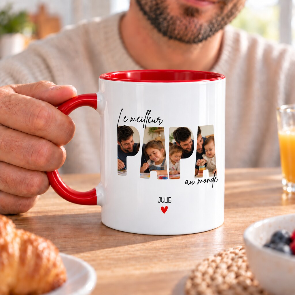 Papa tenant son mug personnalisé Le meilleur Papa du monde