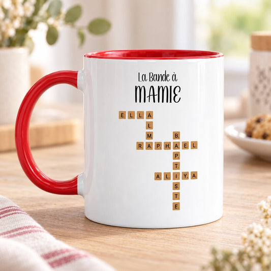 Mug personnalisé maman - Prénoms façon Scrabble, vue produit rapprochée, impression réaliste sur la céramique