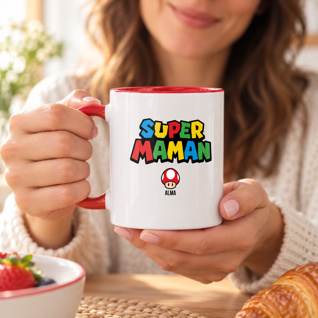 Mug personnalisé maman - Super Maman, mise en situation chaleureuse, mug au premier plan