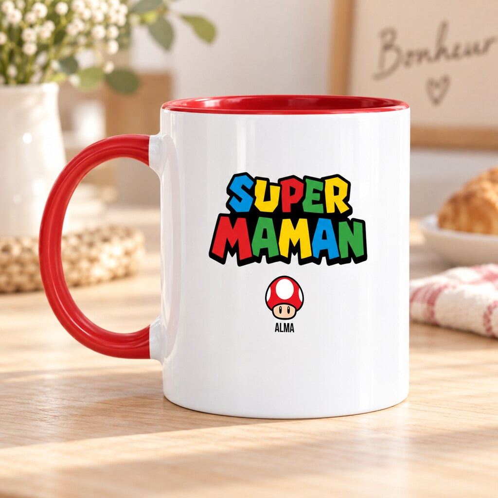 Mug personnalisé maman - Super Maman, vue produit rapprochée, impression réaliste sur la céramique