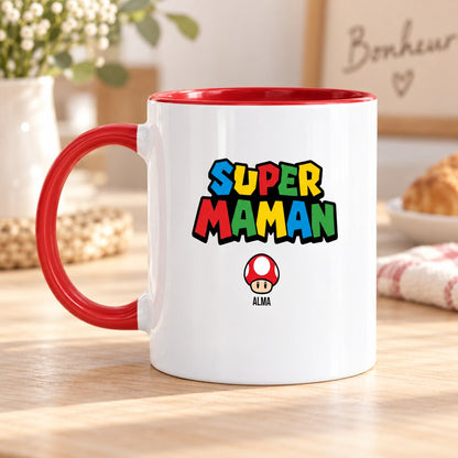 Mug personnalisé maman - Super Maman, vue produit rapprochée, impression réaliste sur la céramique