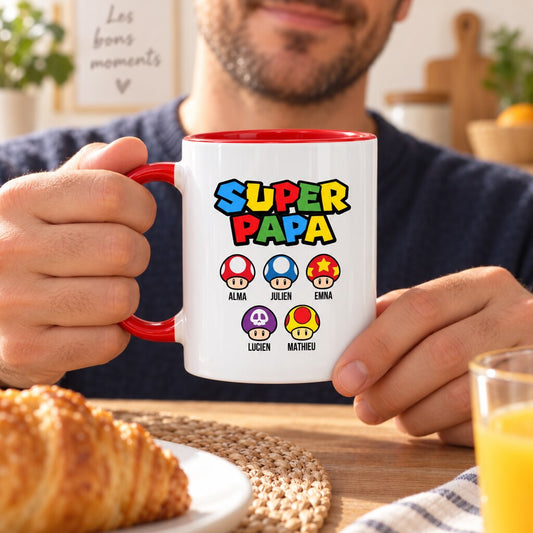 Mug personnalisé papa - Super Papa, mise en situation chaleureuse, mug au premier plan