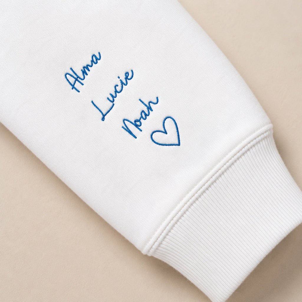 Broderie des prénoms sur la manche du pull PAPA depuis