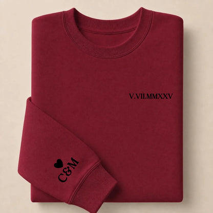 Pull personnalisé couple date chiffre romain – Hoodie Broderie Droite Rouge