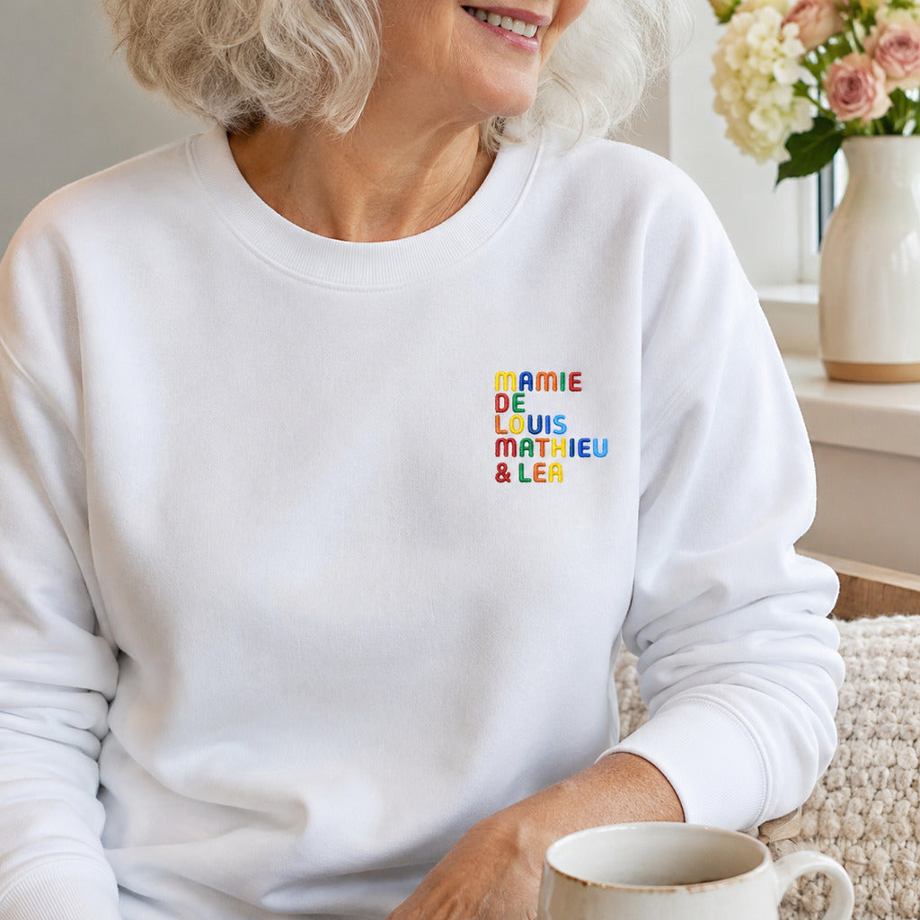 Pull personnalisé Mamie - Prénoms multicolore brodé