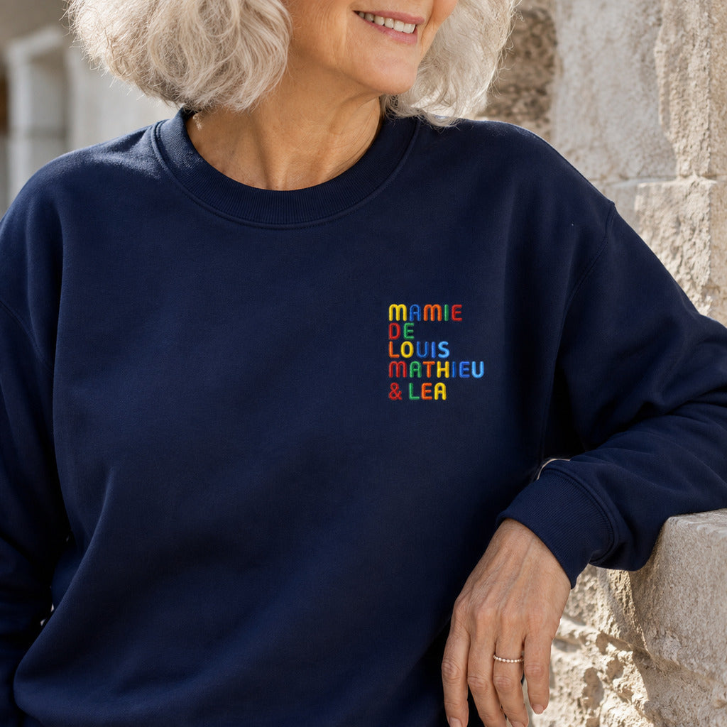 Pull personnalisé Mamie - Prénoms multicolore brodé