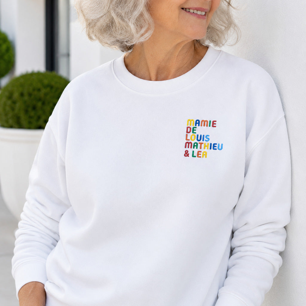 Pull personnalisé Mamie - Prénoms multicolore brodé