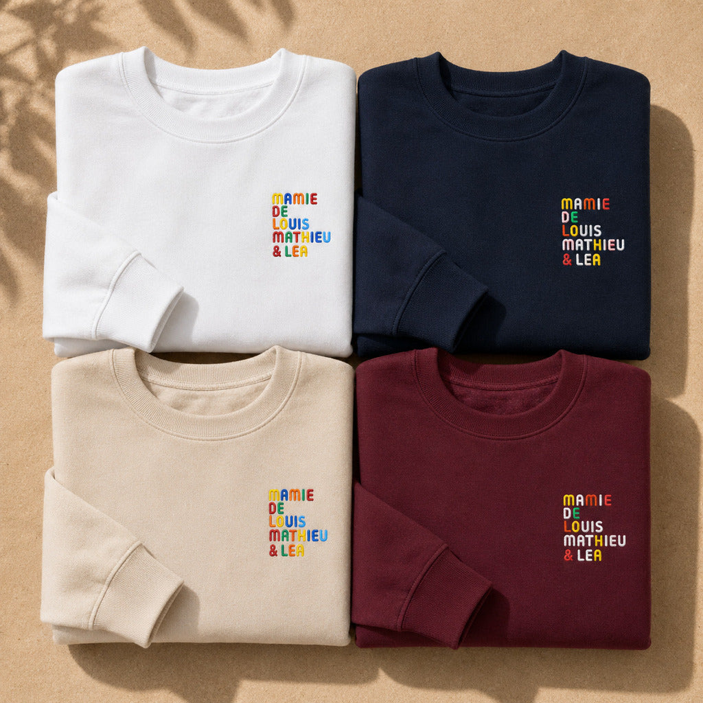 Pull personnalisé Mamie - Prénoms multicolore brodé - flatlay multicolore 1