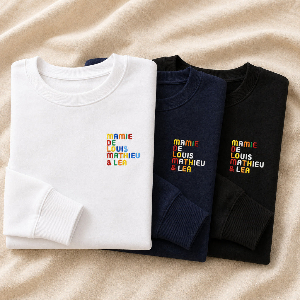 Pull personnalisé Mamie - Prénoms multicolore brodé - flatlay multicolore 2