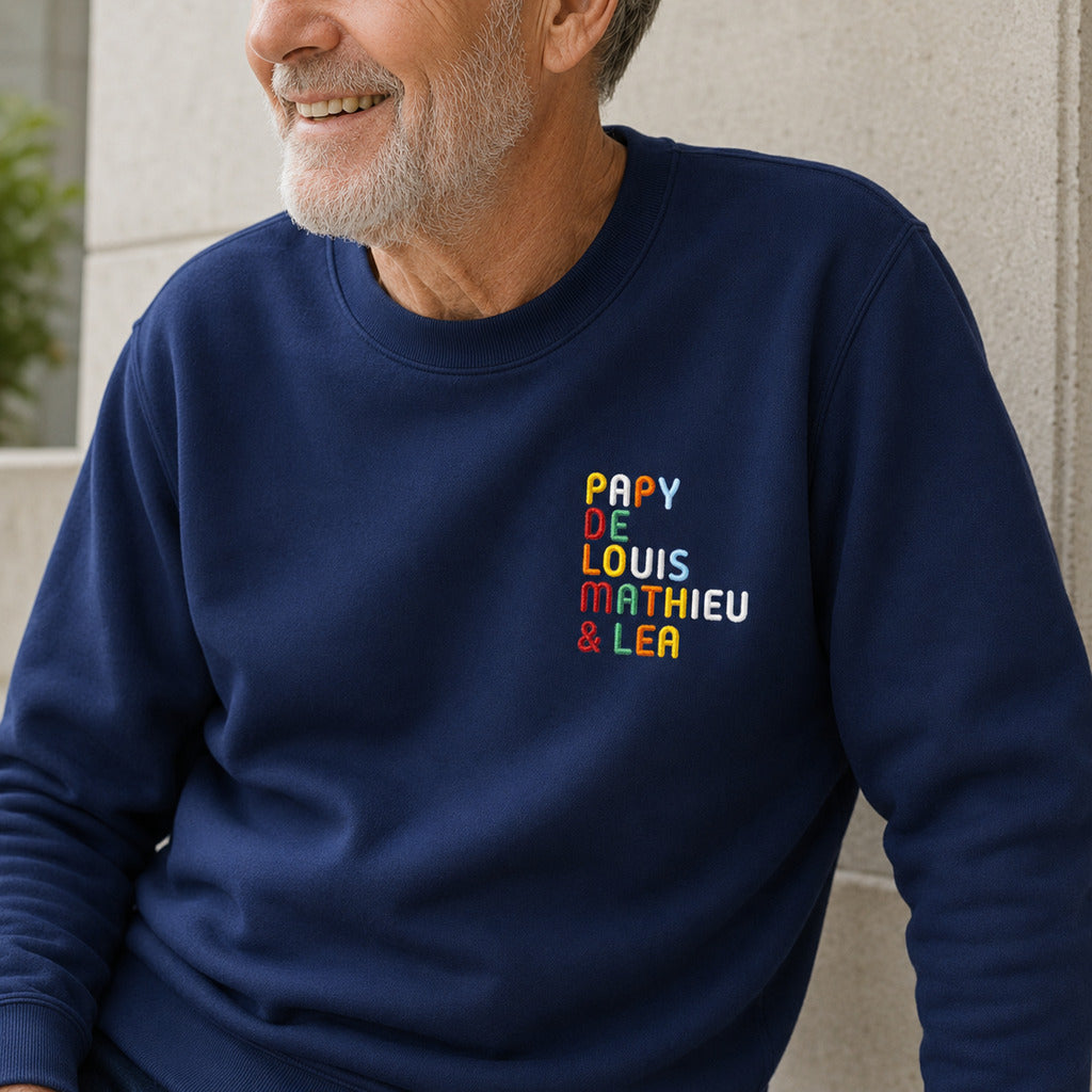 Pull personnalisé Papy - Prénoms multicolore brodé