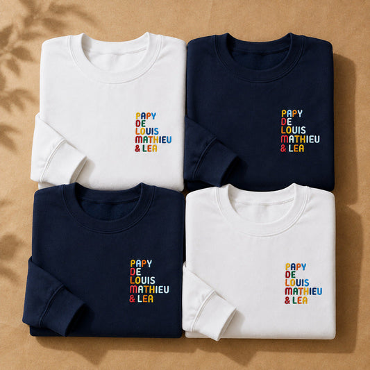 Pull personnalisé Papy - Prénoms multicolore brodé - flatlay blanc et marine 1