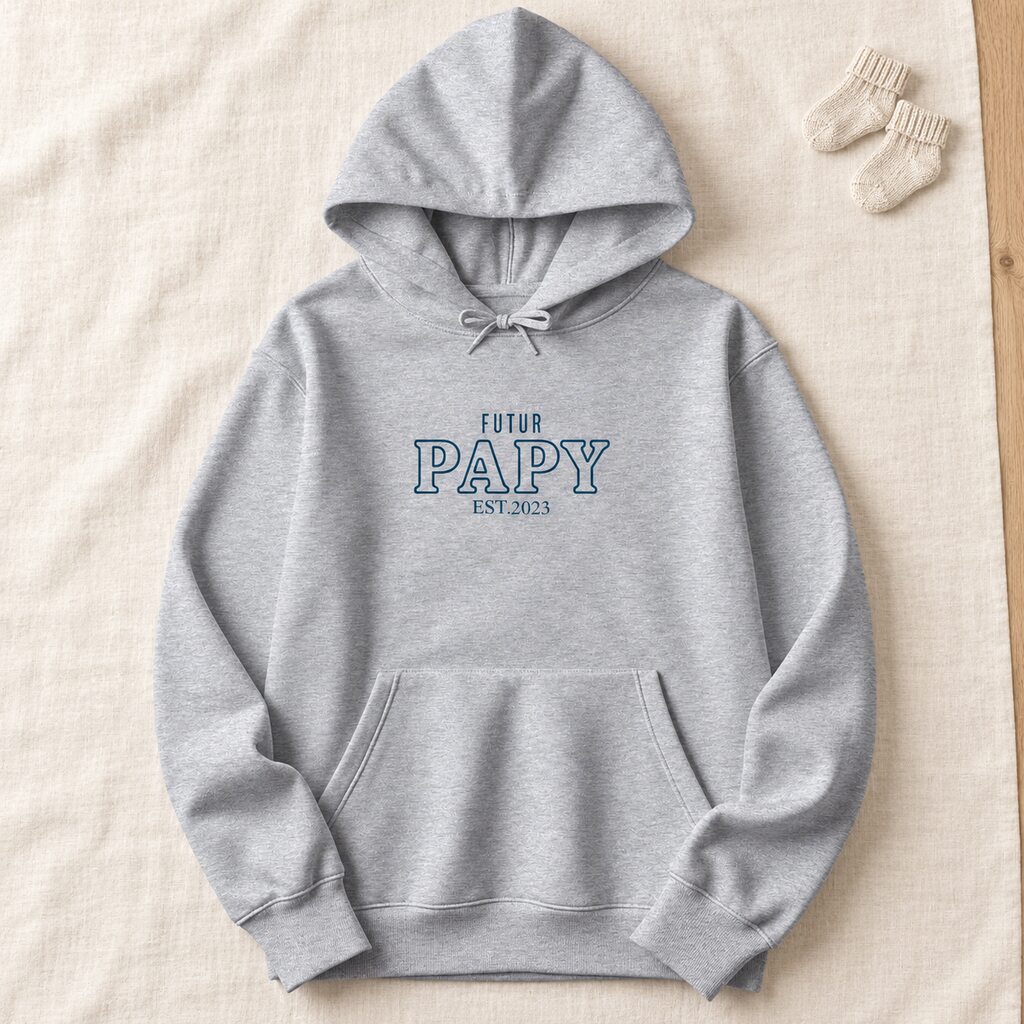 Sweat à capuche personnalisé Futur Papy gris présenté à plat