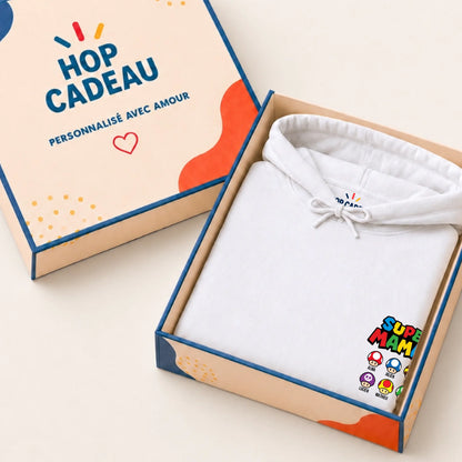 Sweat à capuche Super Maman personnalisé – Prénoms des enfants – vue 2